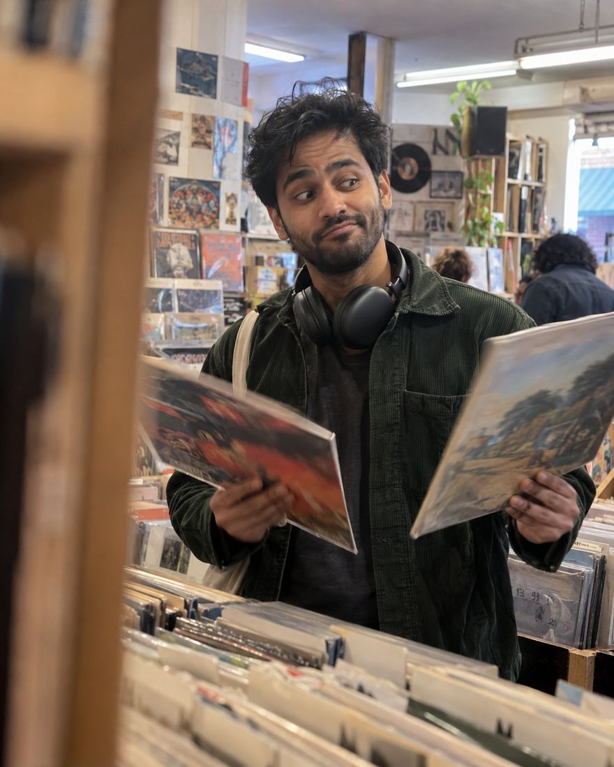 A man browsing vinyl in a record shop, weighing two albums